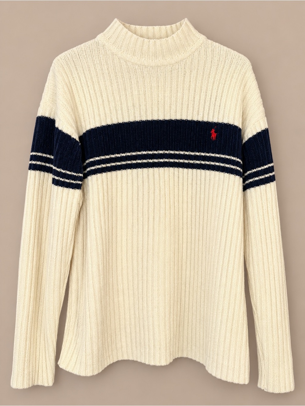 Polo Ralph Lauren XL Cream Navy Ribbed Mock Neck Colorblock Sweater